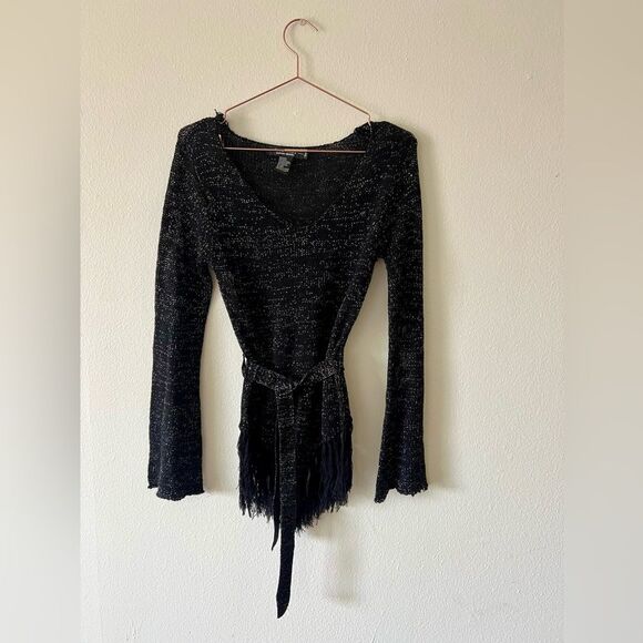 Rampage black sparkly long sleeve belted sheer knit top with fringe M - Picture 7 of 8